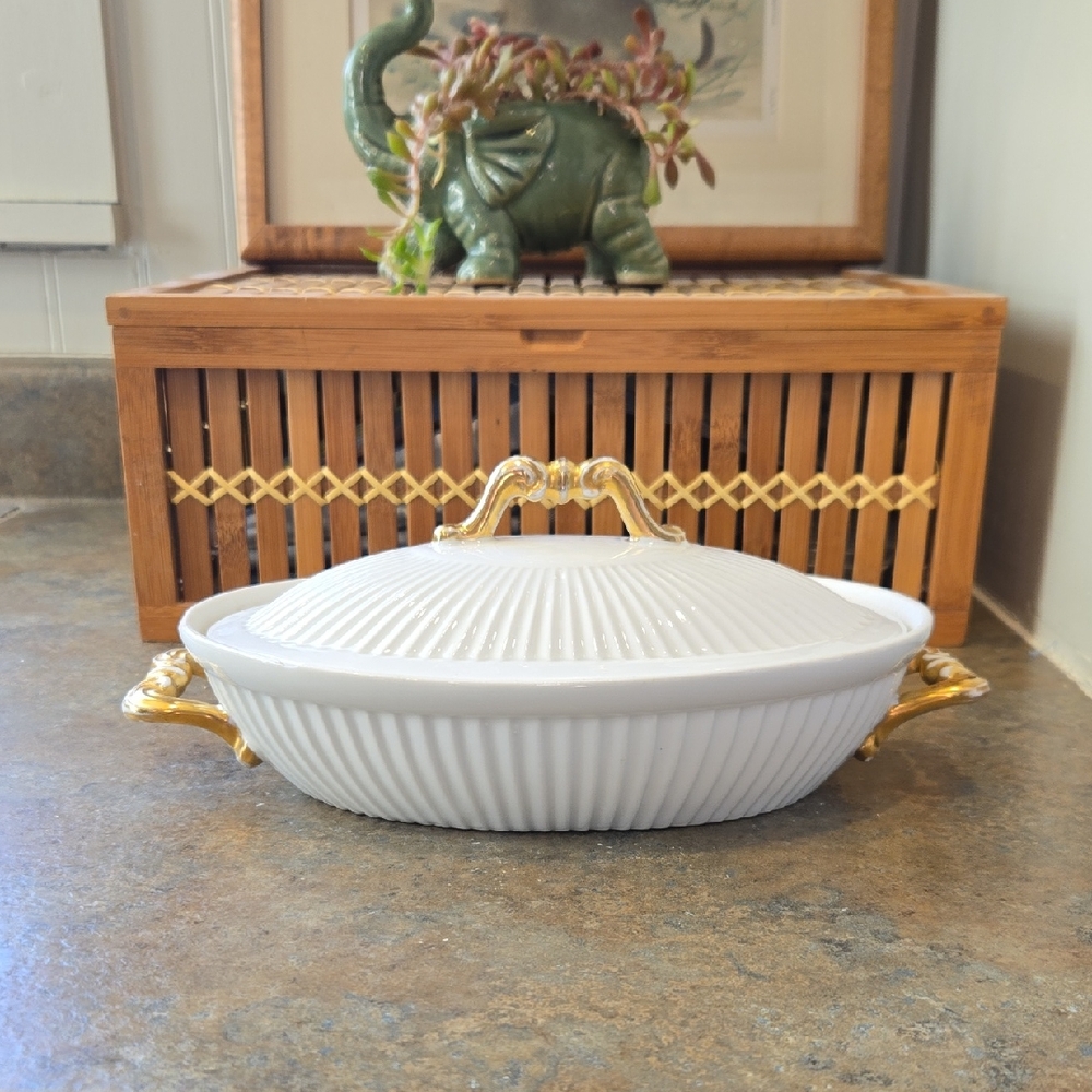 Vintage Limoges Serving Dish With Lid White with Gold